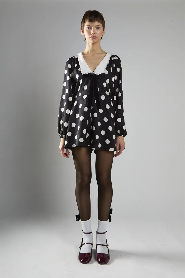 Black Large Spot Lace Trim Long Sleeve Playsuit - 4