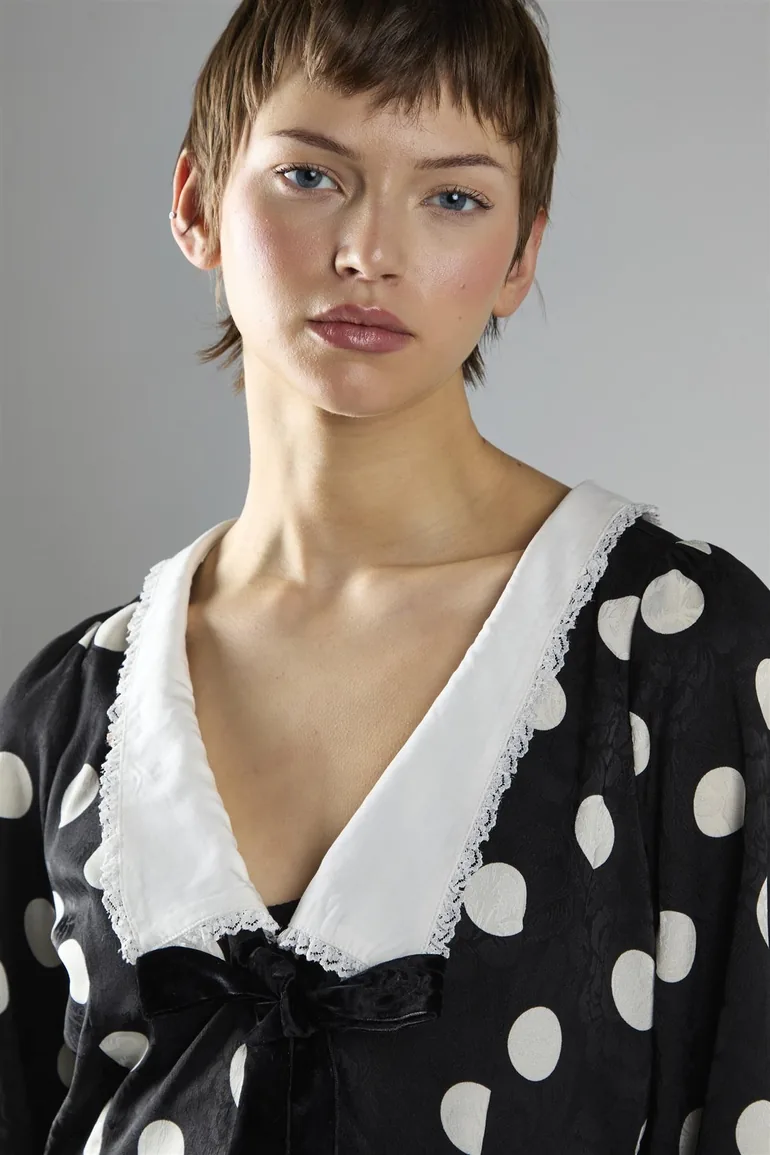 Black Large Spot Lace Trim Long Sleeve Playsuit - 3