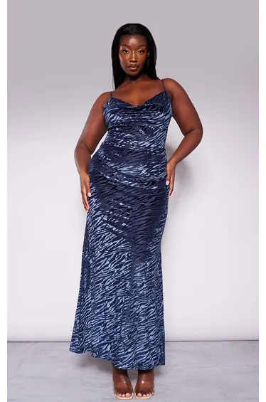 Plus Navy Cowl Neck Zebra Flock Mesh Maxi Dress