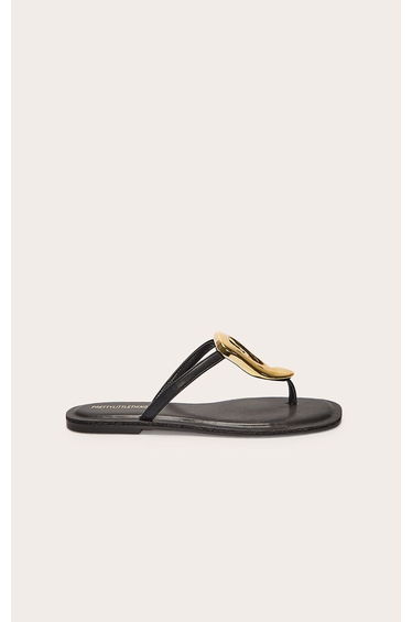 Black Pu Square Toe Thong Trim Detail Resin Sole Flat Sandals