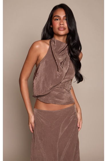 Dark Brown Textured Woven Halterneck Top Co-ord