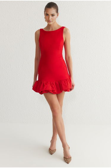 Red Balloon Skirt Detailed Woven Short Dress with Shorts Lining