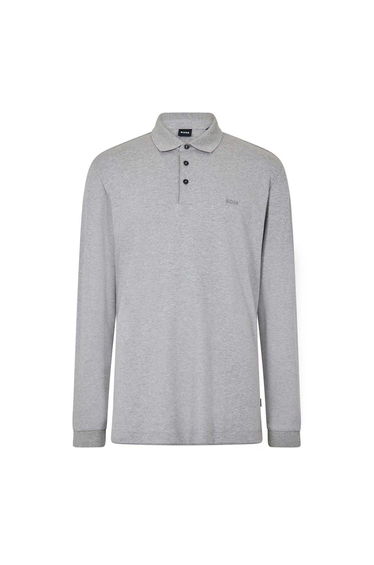 Boss Mens Pado 30 Cotton Long-Sleeved Polo Shirt - Silver