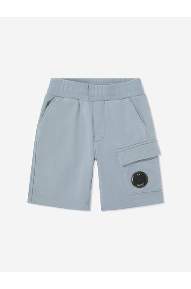 C.P. Company Boys Diagonal Fleece Cargo Lens Sweat Shorts in Blue