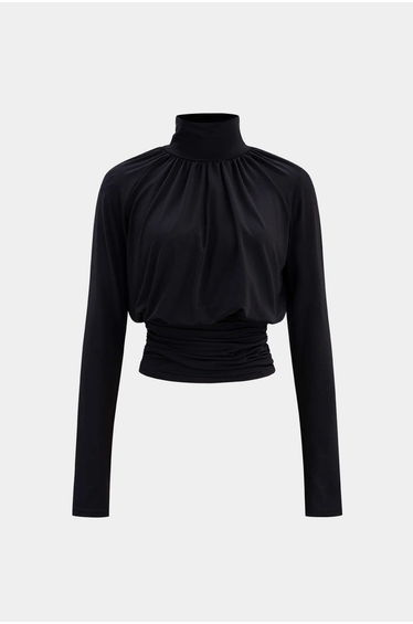 Basic Faux Leather High Collar Wrinkled Long Sleeve T-Shirt