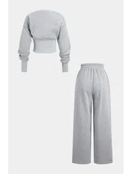 Solid Button Long-Sleeve Top And Shirred Waistband Pants Set - 1