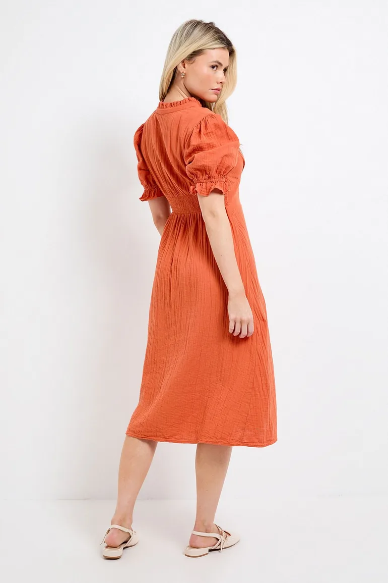 Petite Orange Lace Trim V Neck Puff Sleeve Midi Dress - 2