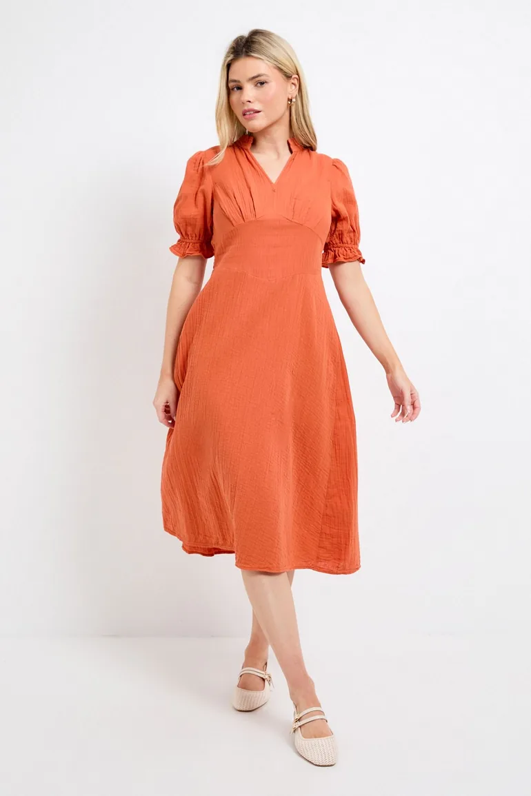 Petite Orange Lace Trim V Neck Puff Sleeve Midi Dress