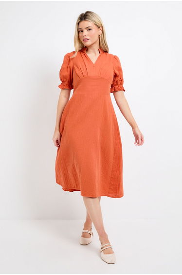 Petite Orange Lace Trim V Neck Puff Sleeve Midi Dress