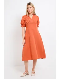 Petite Orange Lace Trim V Neck Puff Sleeve Midi Dress - 3