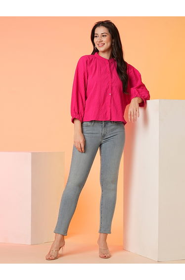 Pink Mandarin Collar Textured Shirt