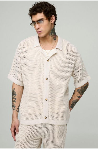 Oversized Revere Knitted Shirt & Relaxed Trouser Set - stone