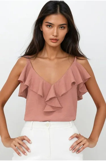 Women's Powder Adjustable Straps Front Ruffle Aerobin Blouse