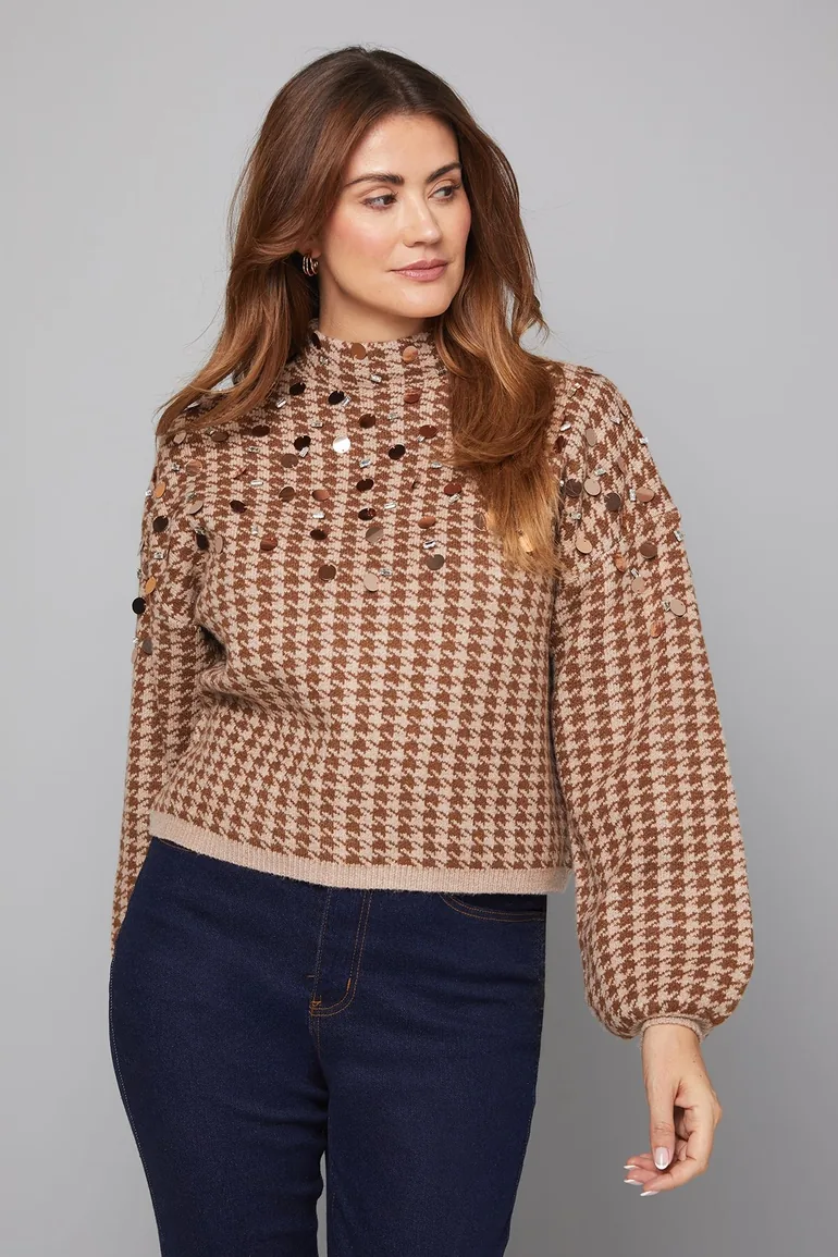 Check Sequin Knitted Jumper