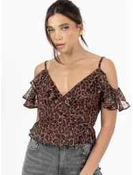 Anaya with Love Recycled Animal Print Wrap Cold Shoulder Top - 2