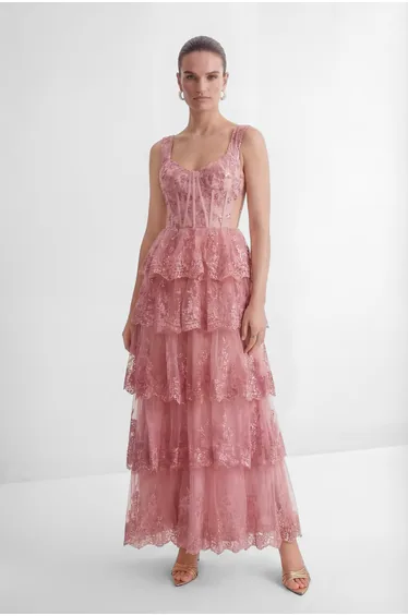 فستان سانفير زهري ماكسي على شكل حرف A