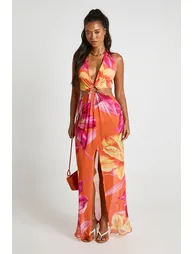 فستان بحر ماكسي ميش بياقة هالتر بفتحات بطبعة أزهار - زهري - 2