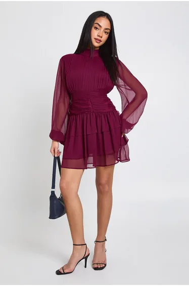 High Neck Gathered Chiffon Mini Dress - burgundy