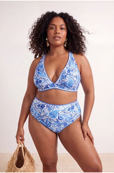 Ethnic Patterned Cross Back Tie Embroidery Detailed Plus Size Bikini Top
