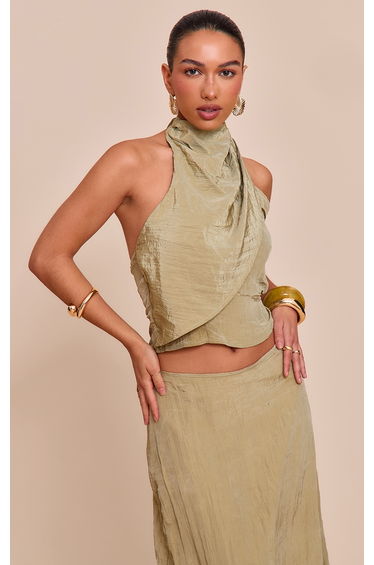 Sage Khaki Textured Woven Halterneck Top