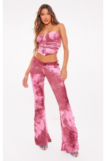 Pink Printed Textured Mesh Dip Waist Flares