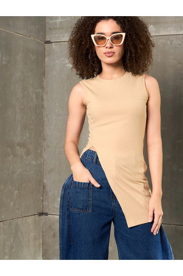 Beige Ribbed Sleeveless Side Slit Top