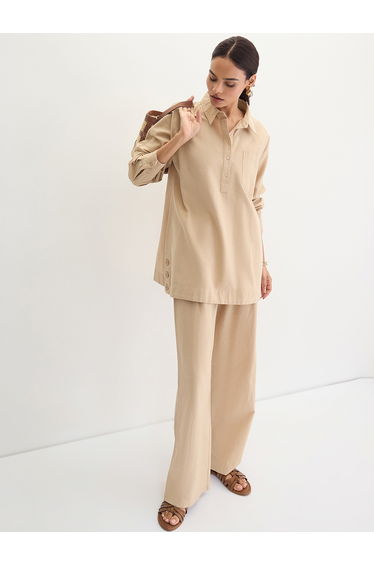 Beige Cotton Linen Button Detail Tunic