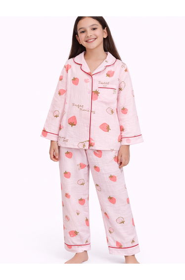 Girls 100% Cotton Muslin Strawberry Print Shirt and Pyjama Set