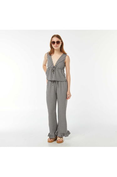 Gingham trousers with ruffled hems BLACK