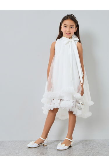 Girls Bow Tie Ruffle Hem Mesh Party Dress