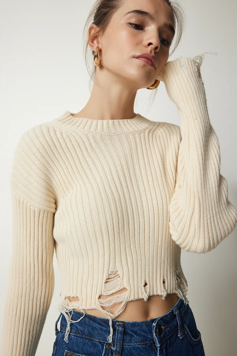 Women's Cream Ripped Detail Knitwear Crop Sweater - 4