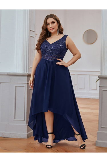 Elegant Paillette & Chiffon V-neck A-line Sleeveless Plus Size Formal Evening Dresses