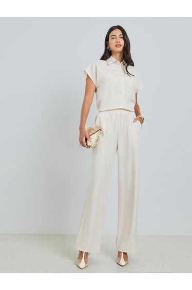 Beige Short Sleeve Shirt and Wide Leg Pants Set