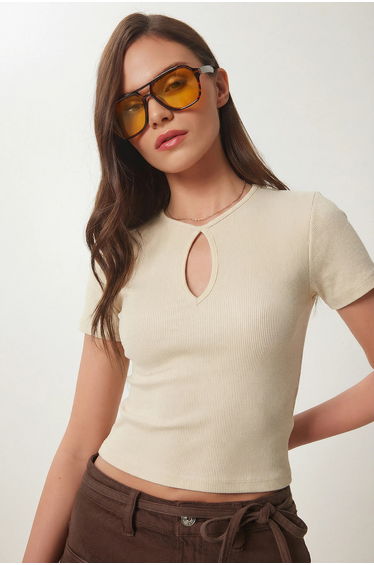 ISTANBUL Ribbed Crew Neck Cut Out Crop Top