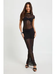 Glitter Mesh Panelled Twist Maxi Dress - black