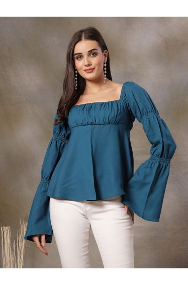 Women Teal Bell Sleeve Top