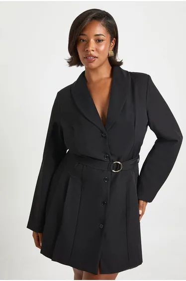 فستان بليزر بربطة خصر ببكلة - للمقاسات الكبيرة