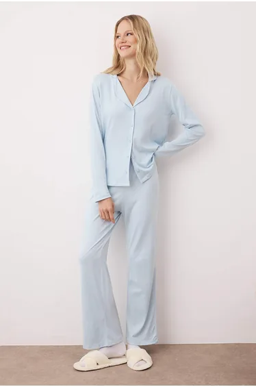 Blue Thermal Winter Fabric Shirt Collar Knitted Pajama Set