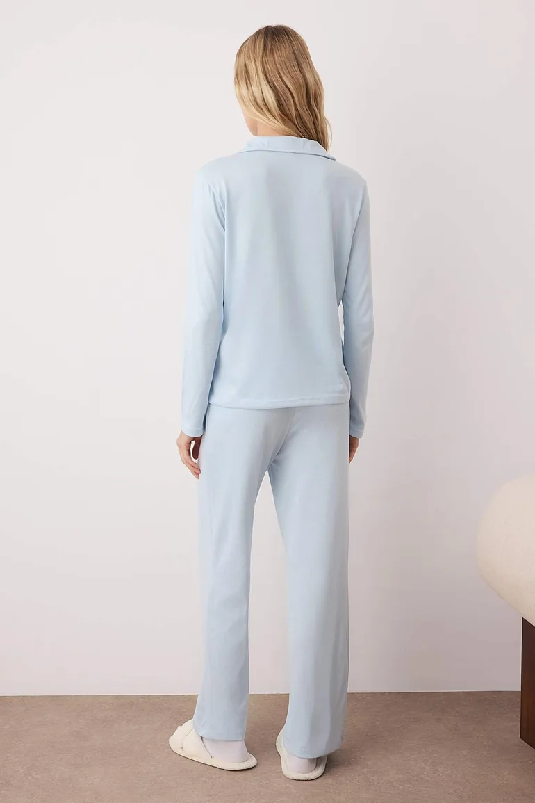 Blue Thermal Winter Fabric Shirt Collar Knitted Pajama Set - 3