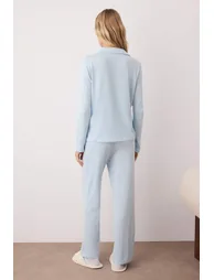 Blue Thermal Winter Fabric Shirt Collar Knitted Pajama Set - 3