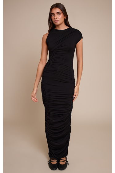 Black Sleeveless Asymmetric Ruched Maxi Dress