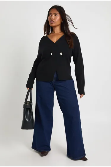 Plus Gold Button Wrap Cardigan - black