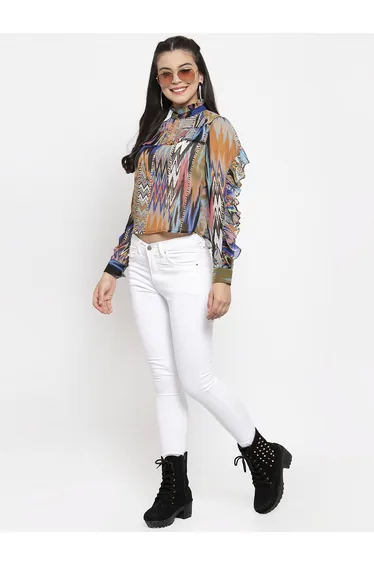 بلوزة شيفون متعدد الالوان بكشكش بأكمام طويلة