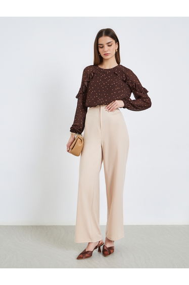 Women Brown Polka Dot Long Sleeve Blouse