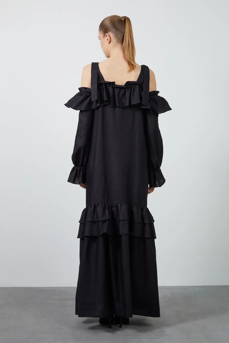 Shop Adjustable Thick Strapped Ruched Long Black Linen Dress Online in Bahrain Shop Adjustable Thick Strapped Ruched Long Black Linen Dress Online in Bahrain