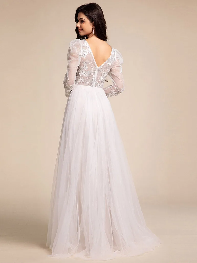 GENOVA’S BRIDE|V Neck Leg of Mutton Sleeves Applique See-Through Wedding Dress - 1