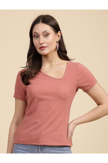 Women Pink Slim Fit Top with Asymmetric Neck