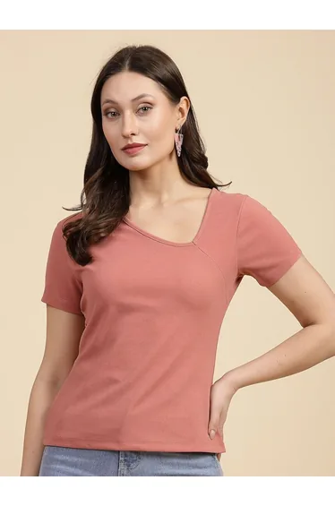 Women Pink Slim Fit Top with Asymmetric Neck