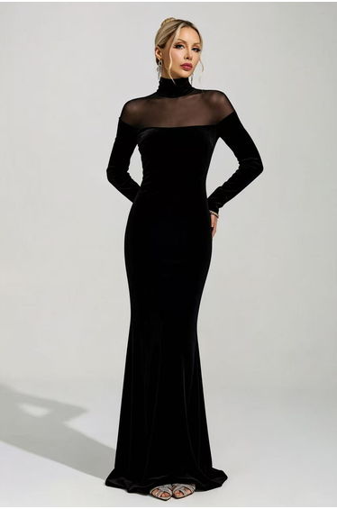 Magdalena Black High-Neck Mesh Maxi Dress