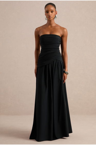 Alvilda | Black Satin Maxi Dress With Draped Detailing